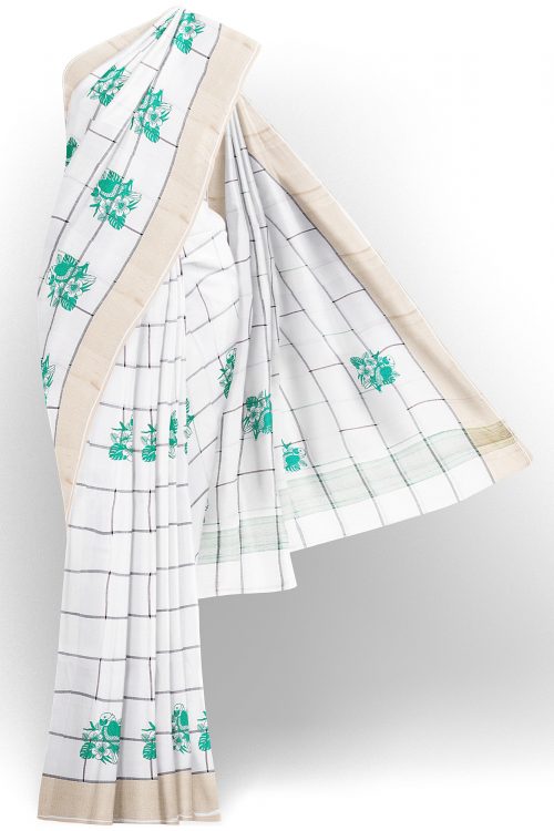 sri kumaran stores linen cotton bright white saree with golden border 1