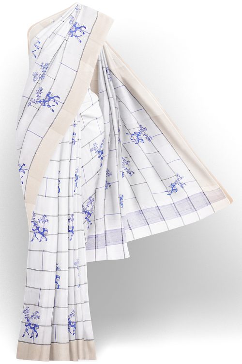 sri kumaran stores linen cotton bright white saree with golden border 1 1