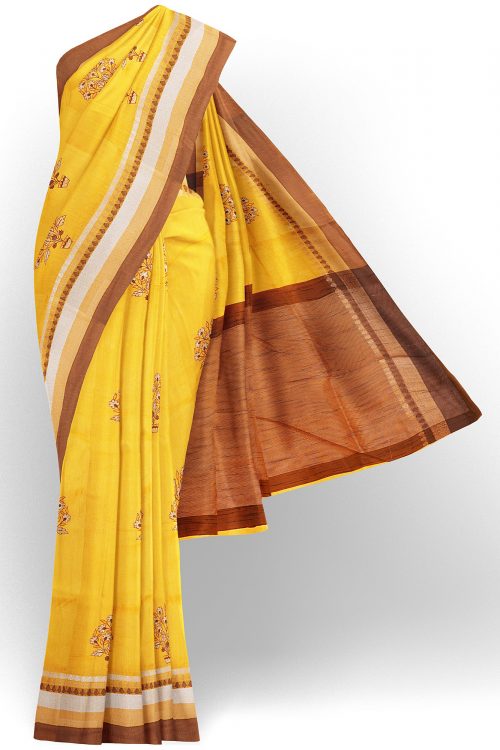sri kumaran stores linen cotton bright yellow saree with brown border 1