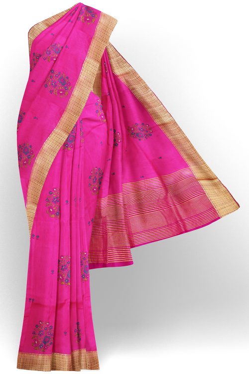 sri kumaran stores linen cotton dark pink saree with golden border 1 1
