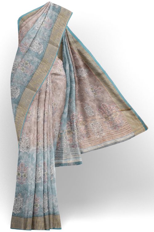 sri kumaran stores linen cotton green and brown saree with golden border 1