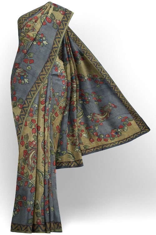 sri kumaran stores linen cotton green and grey saree with green border 1
