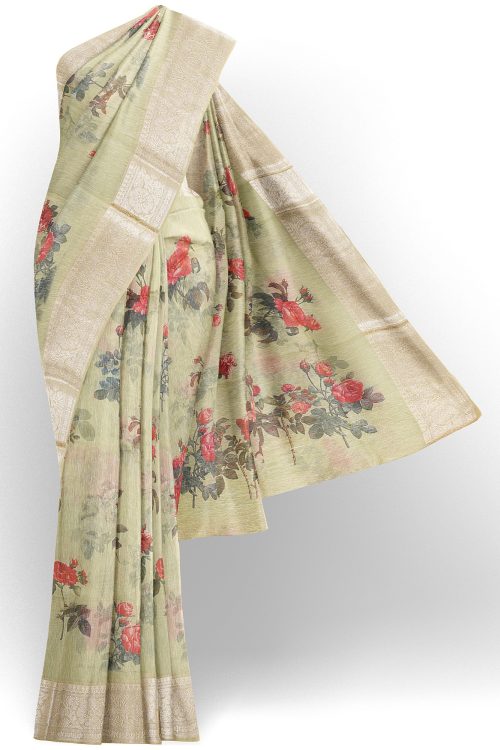 sri kumaran stores linen cotton green saree with silver border 1
