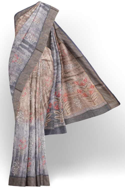 sri kumaran stores linen cotton grey and brown saree with golden border 1