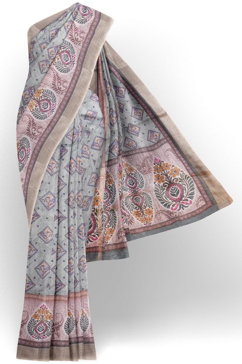sri kumaran stores linen cotton grey saree with golden black border 1