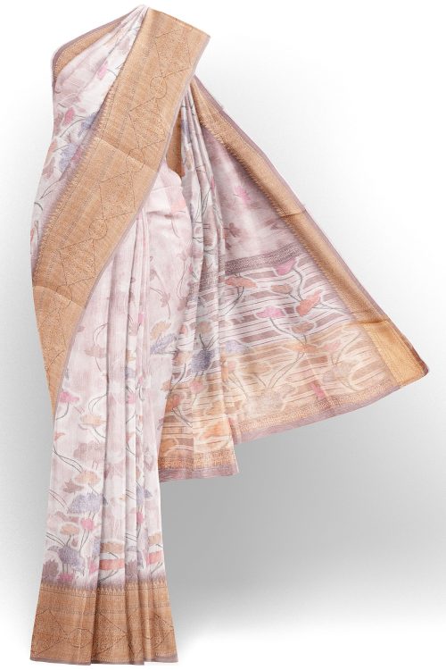 sri kumaran stores linen cotton half white saree with golden border 1