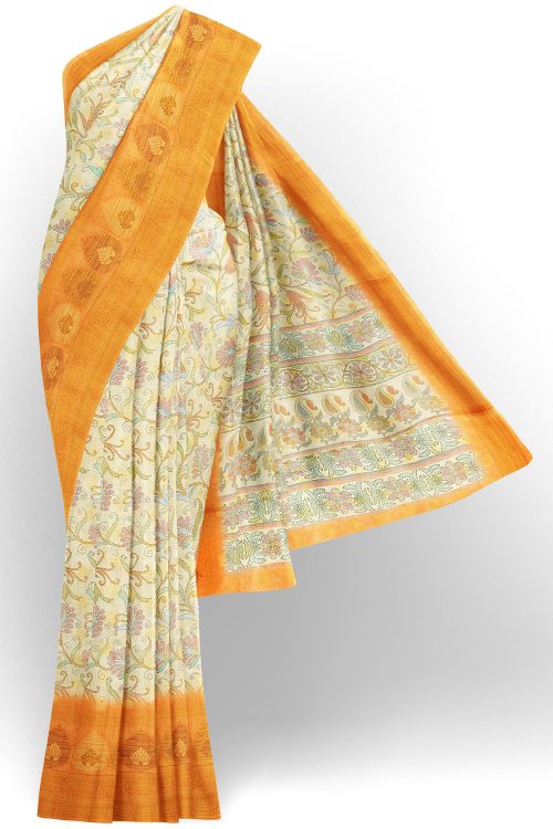 sri kumaran stores linen cotton half white saree with orange border 1