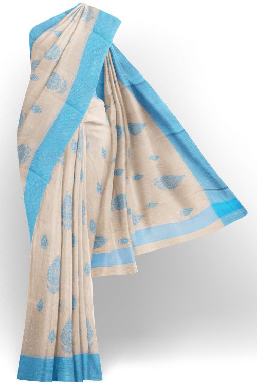 sri kumaran stores linen cotton half white saree with sky blue border 1