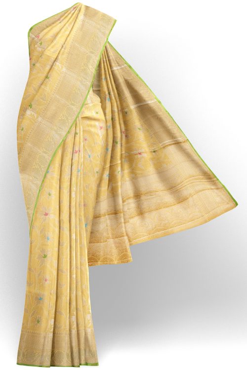 sri kumaran stores linen cotton lemon yellow saree with golden yellow border 1
