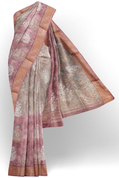 sri kumaran stores linen cotton maroon and brown saree with golden border 1