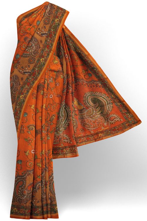 sri kumaran stores linen cotton orange saree with green floral border 1