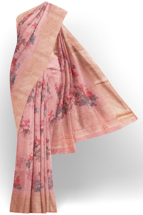 sri kumaran stores linen cotton pink saree with golden border 1 1