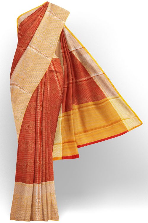 sri kumaran stores linen cotton red saree with golden yellow border 1