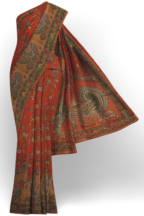 sri kumaran stores linen cotton red saree with green floral border 1