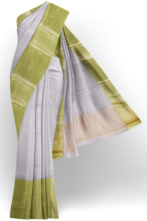 sri kumaran stores linen cotton silver saree with golden green border 1