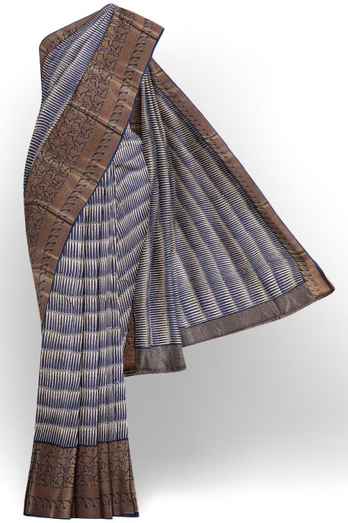 sri kumaran stores linen cotton white and dark blue saree with copper colour border 1
