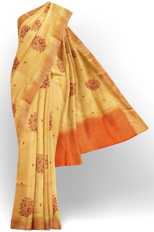 sri kumaran stores linen cotton yellow saree with golden red border 1 1