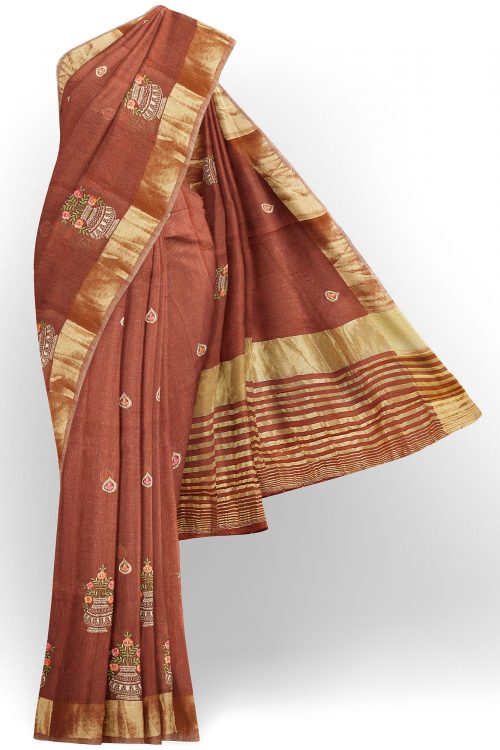 sri kumaran stores linen embroidery saree brown saree with golden border 1