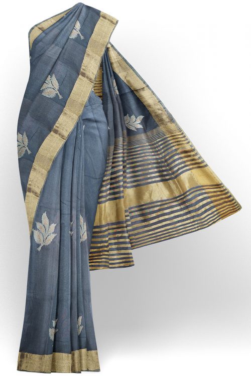 sri kumaran stores linen embroidery saree grey saree with golden border 1