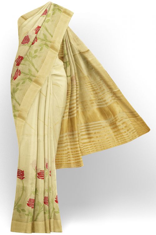 sri kumaran stores linen embroidery saree half white saree with golden border 1