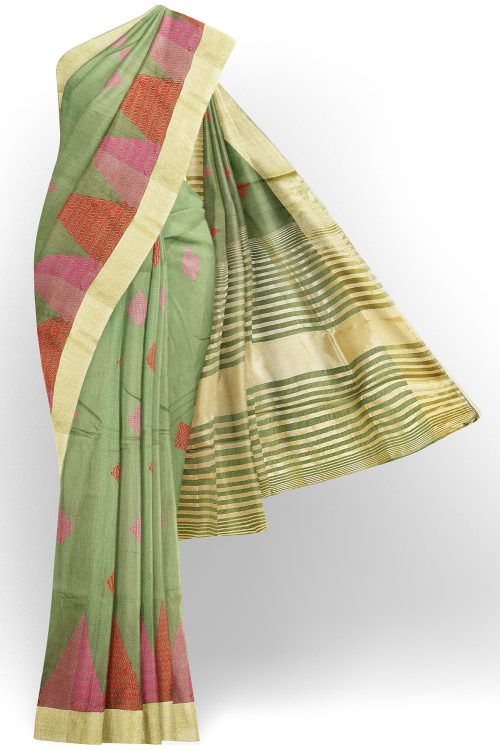sri kumaran stores linen embroidery saree light green saree with golden border 1