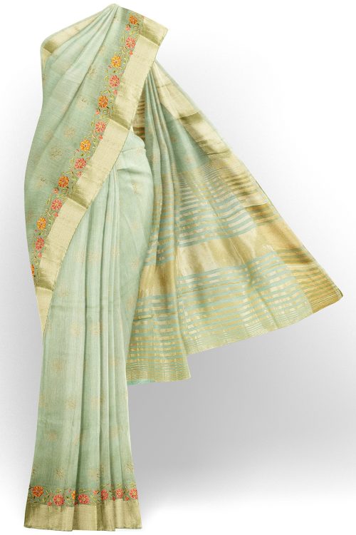 sri kumaran stores linen embroidery saree light green saree with golden border 1 1