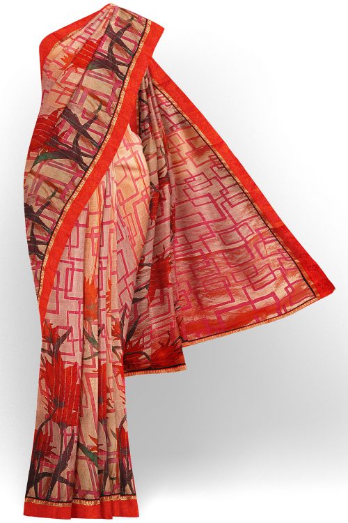 sri kumaran stores linen embroidery saree red saree with red border 1