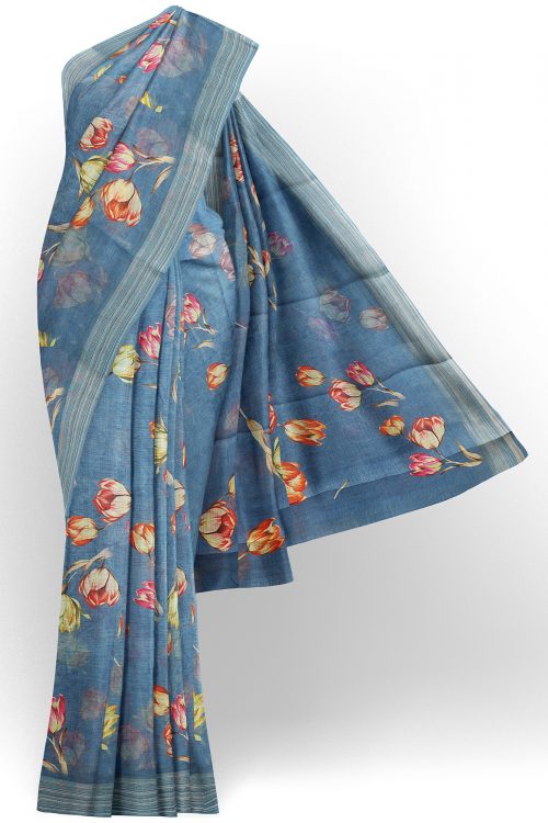 sri kumaran stores linen printed saree blue saree with grey border 1
