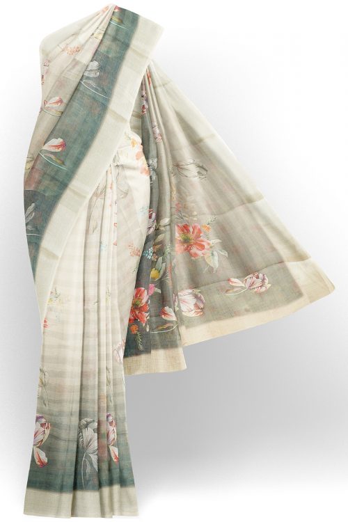 sri kumaran stores linen printed saree faded white saree with white border 1