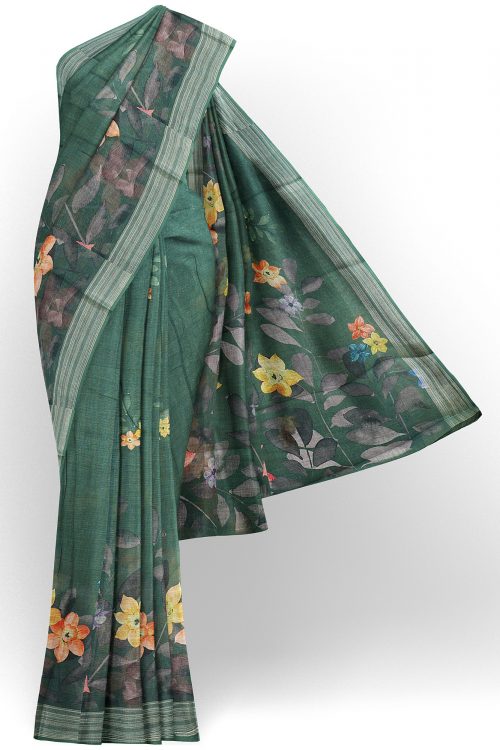 sri kumaran stores linen printed saree green saree with silver border 1