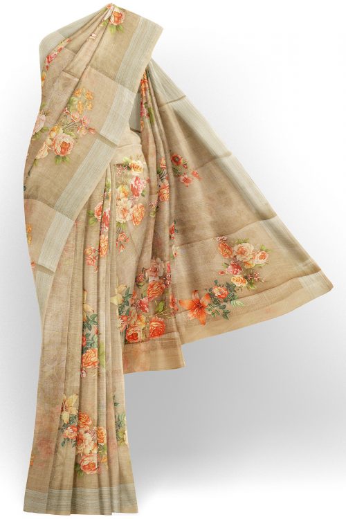 sri kumaran stores linen printed saree half white saree with white border 1