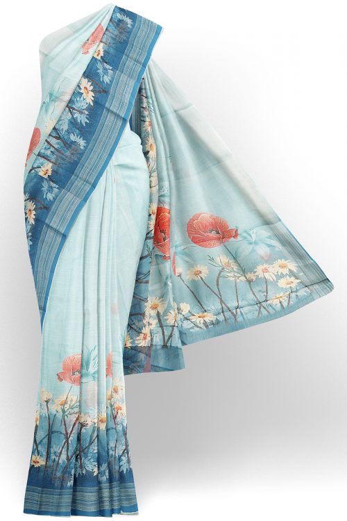sri kumaran stores linen printed saree light blue saree with blue border 1