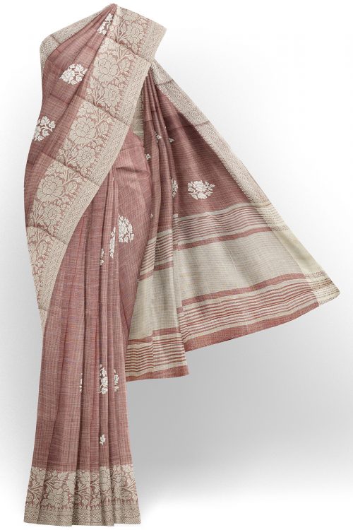 sri kumaran stores linen thread saree light brown saree with white border 1