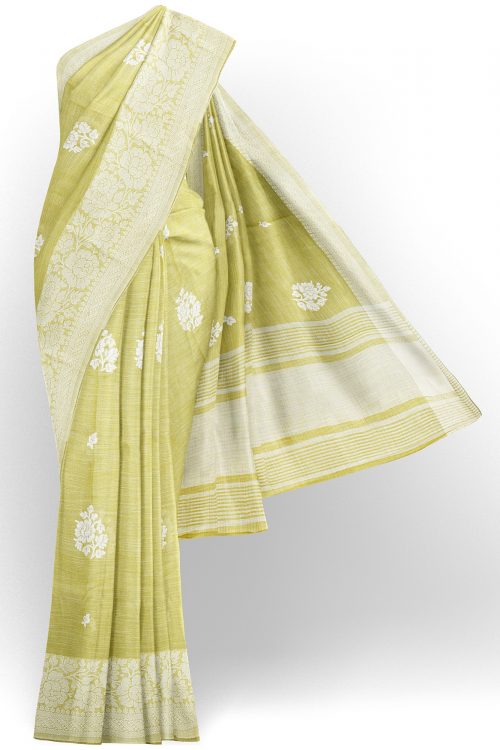 sri kumaran stores linen thread saree light green saree with white border 1