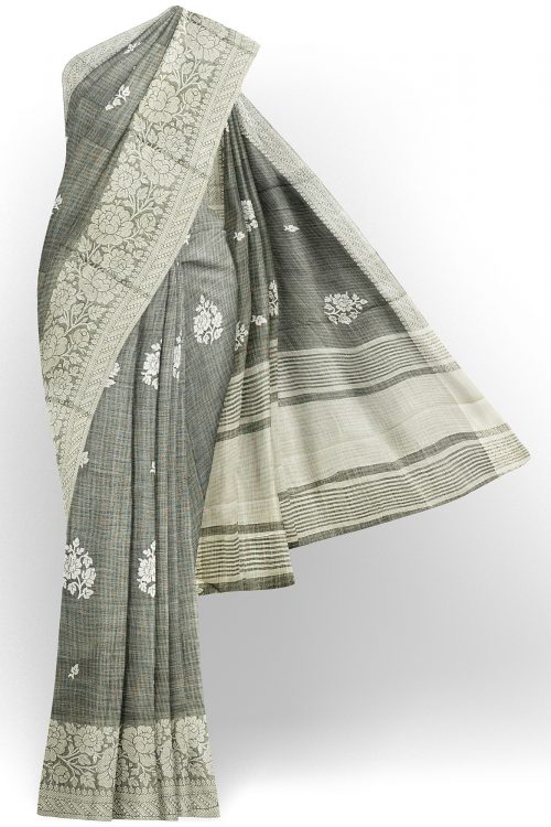 sri kumaran stores linen thread saree light grey saree with white border 1