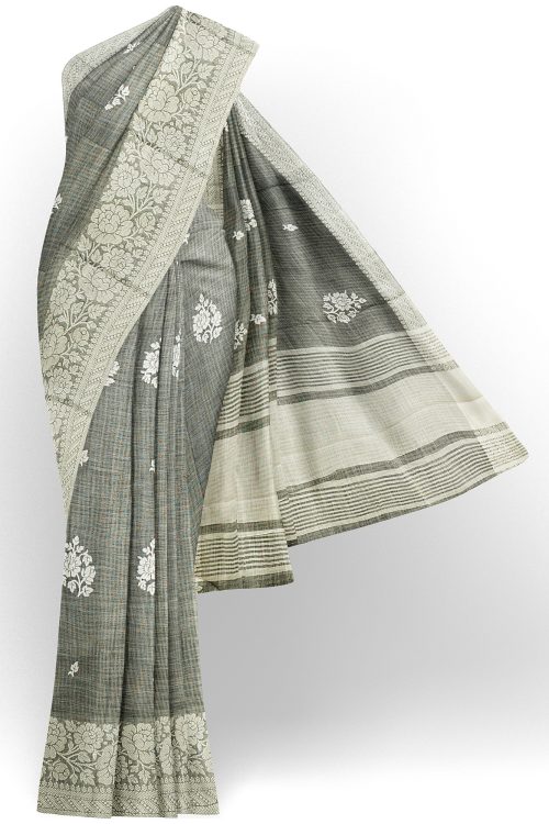 sri kumaran stores linen thread saree light grey saree with white border 1