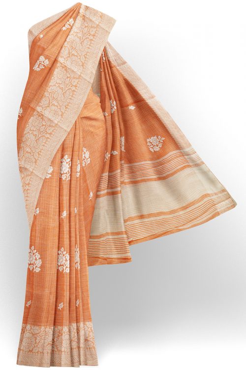 sri kumaran stores linen thread saree light orange saree with white border 1