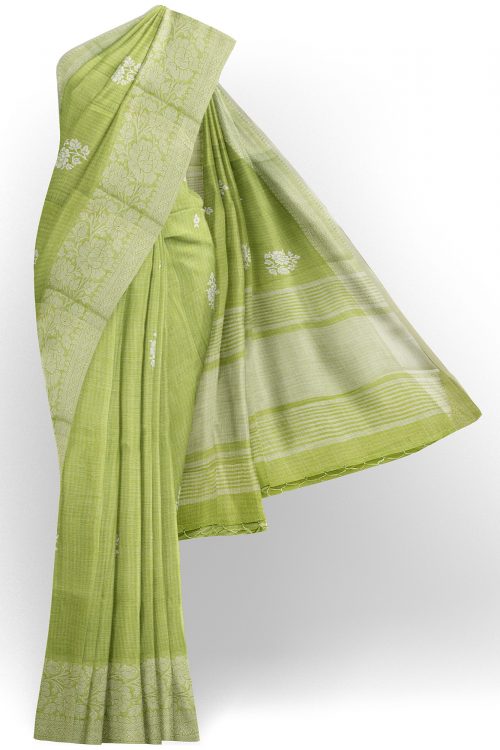 sri kumaran stores linen thread saree pista green saree with white border 1