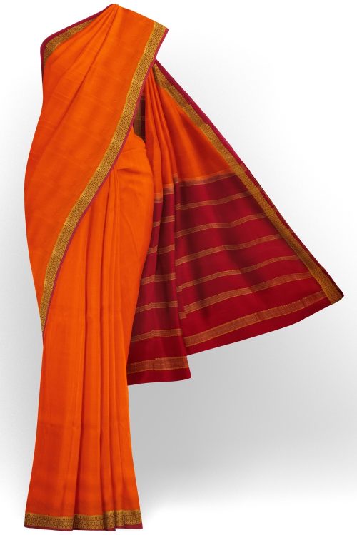 sri kumaran stores mysuru silk saree pumpkin orange plain saree with crimson red border 1