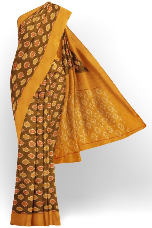 sri kumaran stores pochampalli saree brown saree with yellow border 1