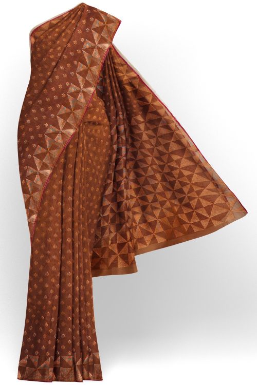 sri kumaran stores pure cotton saree brown saree with copper zari border and pallu 1