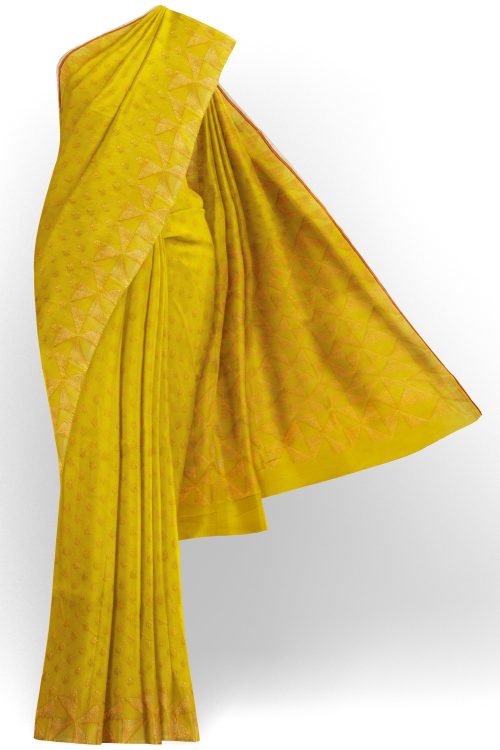 sri kumaran stores pure cotton saree yellowish green saree with golden zari border and pallu 1