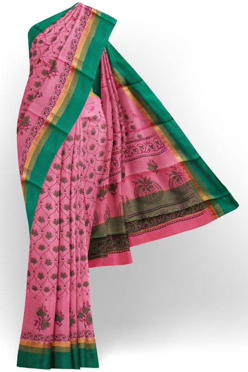 sri kumaran stores semi silk cotton baby pink saree with golden green border 1