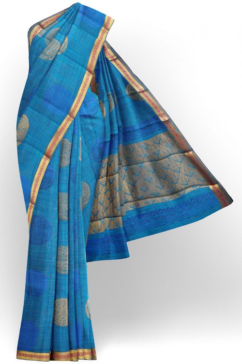 sri kumaran stores semi silk cotton blue saree with golden colour border 1