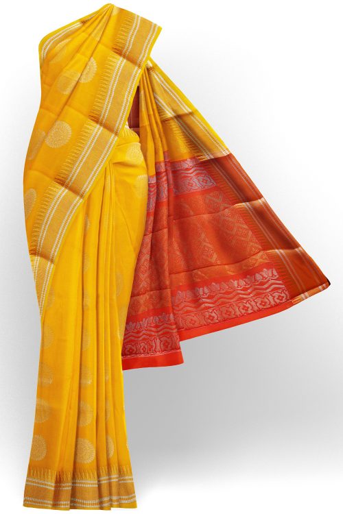 sri kumaran stores semi silk cotton bright yellow saree with golden border 1