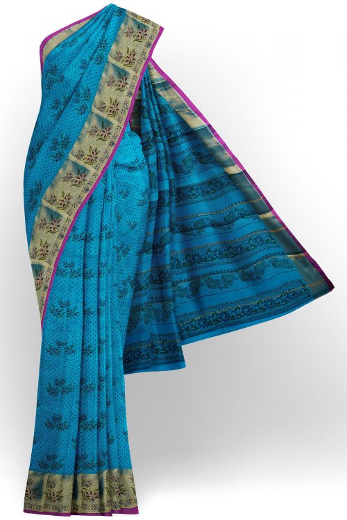 sri kumaran stores semi silk cotton printed blue saree with golden border 1