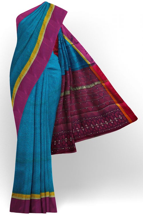 sri kumaran stores semi silk cotton printed blue saree with purple border 1