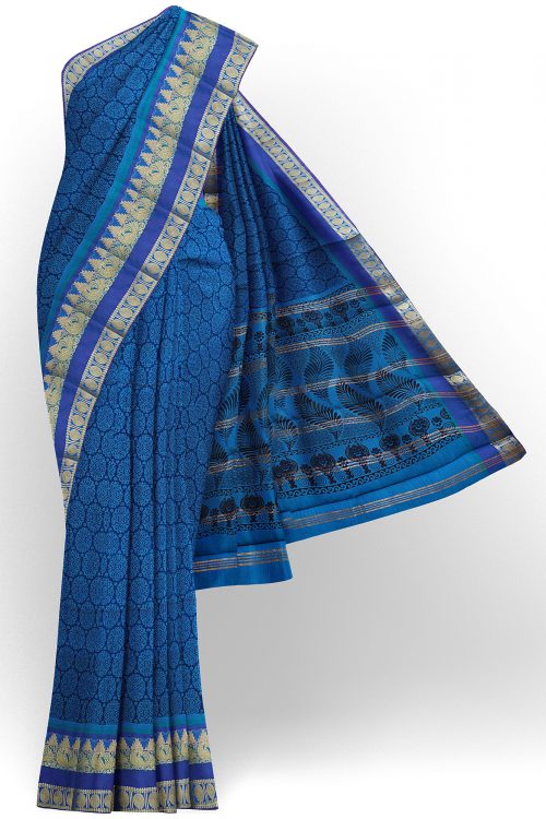 sri kumaran stores semi silk cotton printed dark blue saree with golden border 1