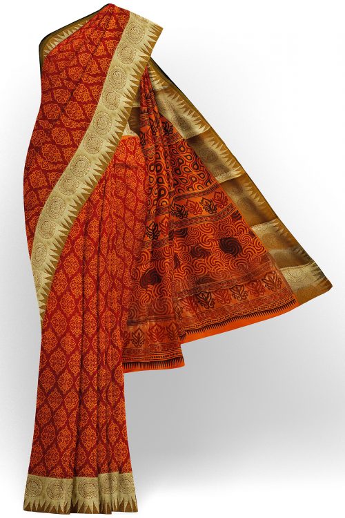 sri kumaran stores semi silk cotton printed dark orange saree with golden green border 1