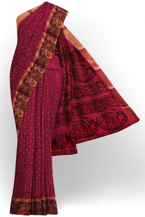 sri kumaran stores semi silk cotton printed dark purple saree with floral border 1